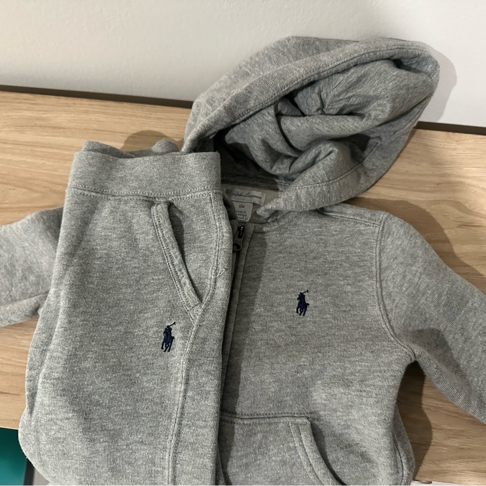 Ralph Lauren Kids Light Gray Hoodie with Navy Polo Logos